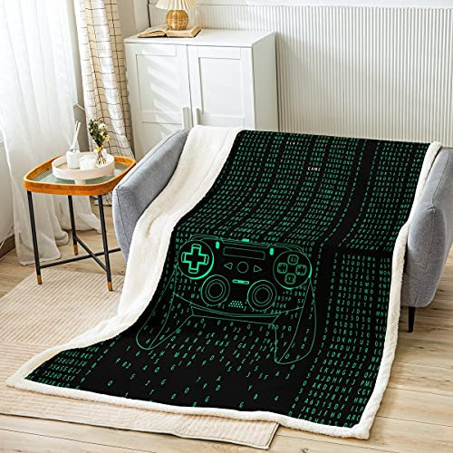 Loussiesd Modern Gamepad drucken Decke 220x240cm Jungen Teenager Cool Spielthema Kuscheldecke Videospiel Spiel Wohndecke für Kinder Schwarz Grün Aktion Tasten Dekor Mikrofaser Flanell Fleecedecke