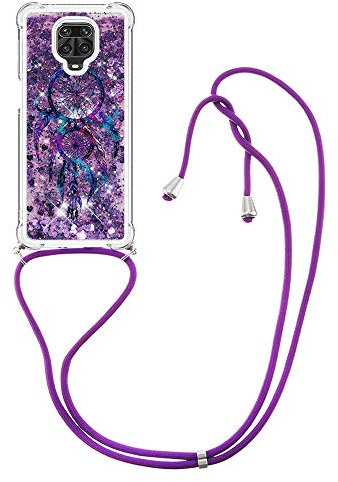 Lavender1 Funda con Cuerda Compatible con Xiaomi Redmi Note 9 Pro Funda Transparente Silicona Purpurina Carcasa con Correa Ajustable Collar Suave TPU Bumper Protector Case para Redmi Note 9 Pro (B)