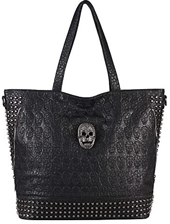 OBC Damen Totenkopf Tasche Skulls Shopper Nieten Handtasche Schultertasche Umhängetache Reisetasche Weekender Schädel Gothic Punk Bag Biker Studded (Schwarz 46x37x16 cm)