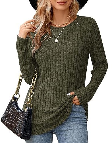 WNEEDU Pullover Damen Rundhals Lose Damen Langarmshirt Herbst Elegant Basic Sweatshirt Lässige Oberteile Bluse Tunika Tops Armeegrün M
