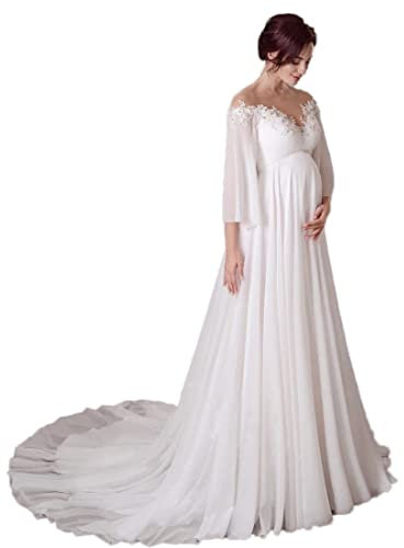 AUTTOGirl Maternité Mousseline Robes de Mariée Manches Longues Bohème Enceinte Robes de Mariée Balayage Train Élégant Simple, ecru, 46