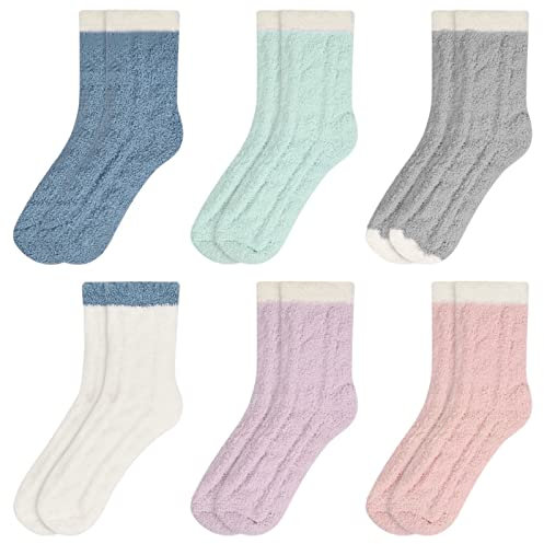 Cozlly 6 Paia Calzini Donna Invernali Caldi, 35-39 Calzini di Peluche da Donna, Calzini Termici Donna Invernali, Calzettoni Casa Donna, Calzini in Pile Corallo, Rosa Bianco Grigio Blu Verde Viola