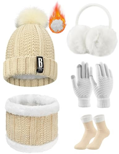 Yuson Girl Handschuhe Wintermütze Ohrenschützer Strümpfe Schal Set Damen 5 Stücke Winter Ski Outing Set für Outdoor Sport(Beige)