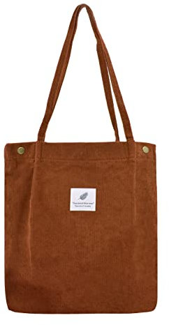 Damen Große Handtasche Kord Shopper Cord Tote Bag für Bücher Reisen Alltag Schule Arbeit Einkaufstasche für Mädchen 40x41cm braun