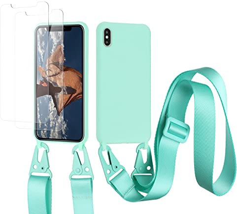 vrupin Coque Compatible avec iphone X/XS+[2 pcs Protecteur d'écran],Étui en Silicone Liquide, avec Sangle réglable, Collier et Cordon de Serrage—Vert Clair
