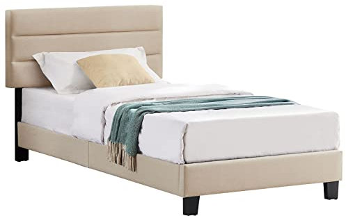 Lit 1 Place Florida 90x190 cm avec sommier, lit Simple pour Enfant ou Adulte, Hauteur réglable, lit en Tissu Beige