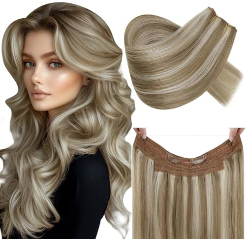 RUNATURE Unsichtbare Haar Extensions Echthaar Braun Mix Blond 30cm Draht Haarverlangerung Verstellbar Mit Draht Gerade 70g #8P24
