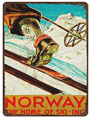 Vintage Aluminium-Blechschild – Norwegen The Home of Ski Vintage Retro Travel Holiday Metallblechschild – Neuheit Poster Retro-Metallblechschild Vintage-Schild für Zuhause, Kaffee, Wanddekoration, 30,