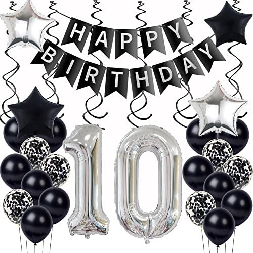 10. Geburtstag Dekoration,Schwarz Tortendeko Geburtstag 10 Jahre Junge,Party Deko 10 Mädchen Junge,Tortendeko ,Silber Geburtstagsdeko 10 Jahre ballon