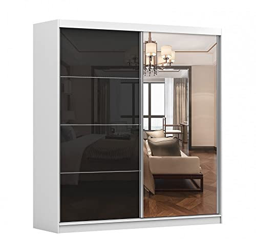 Kleiderschrank M31 mit Spiegel 203 cm, Schwebetürenschrank, Garderobeschrank Schlafzimmer; Wohnzimmerschrank; Korpus Schrank Farbe: Weiß; Farbe der Schrankfront: Schwarz Hochglanz- 2 Schiebetüren