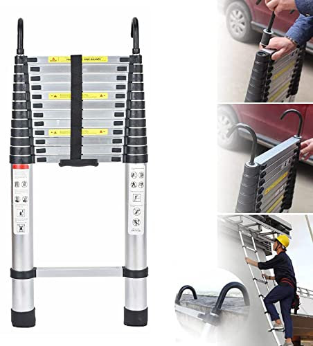 Telescopic Ladder 5m/16.4ft Aluminium Extension Ladder with Detachable Hooks, Multi Purpose Extendable Loft Ladder Portable Folding Ladder for RV Home Office Outdoor, 12 Steps, Max Load 150kg, EN131