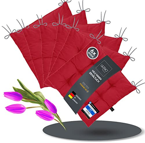 LILENO HOME 6er Set Stuhlkissen 28 Weinrot (40x40x6 cm) - Sitzkissen für Garten, Küche oder Esszimmer - UV-beständige Indoor u. Outdoor Stuhlauflage als Stuhl-Kissen (Linda FUM)