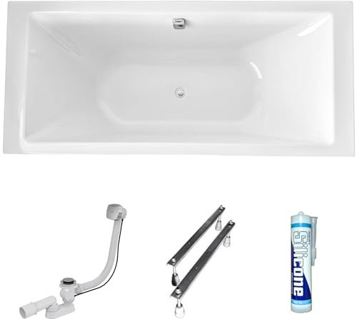 ECOLAM große Badewanne Doppelbadewanne TAMI 200x90 cm Rechteck Wanne für zwei Personen Duo Rechteckbadewanne mit Mittelablauf Ablaufgarnitur Ab- und Überlauf Füße + Silikon Komplett-Set Acryl weiß