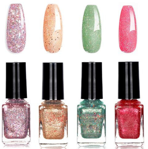 Glitter Nail Polish Set - Nail Varnish Quick Dry - Shiny Sparkly Glitter Nail Polish Set - Pink Gold Red Green 4 Colours Nail Art Manicure Varnish Set