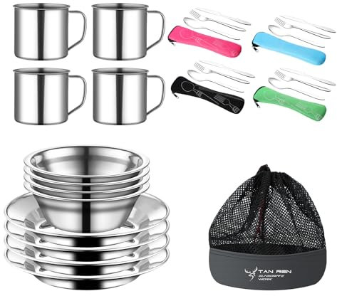 TAN REN Kit Platos y Cubiertos Camping de Acero Inoxidable 24 en 1,Kit Vajilla Picnic para 5 Personas,Juego Cubiertos y Platos de Camping con Placa Cuchara Tenedor Servilleta, Kit de Picnic Viajes