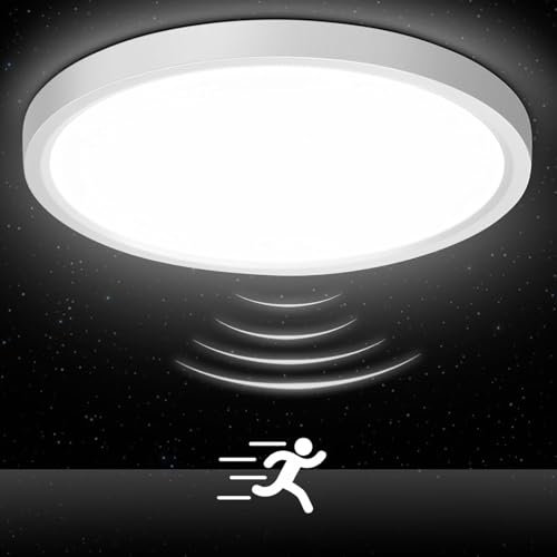 Oraymin LED Deckenleuchte mit Radar Bewegungsmelder, 18W 1800LM 4000K Lampe mit Bewegungsmelder innen, IP44 Deckenlampe Flach für Treppe, Balkon, Flur, Keller, Garage, Carport, ultradünn Ø 23*H2.4cm
