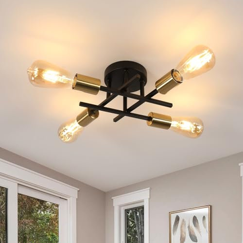 Riserva Sputnik Deckenleuchte, E27 4-Lichter Schwarz Gold Deckenleuchte Vintage, Industrielle Deckenleuchten für Wohnzimmer Esszimmer Flur Restaurant Hotel Café, 28CM