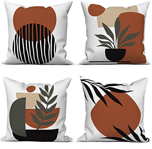 ASDCXZ Boho Kissenbezug 40x40 cm 4er Set, Modern Abstrakt Schwarz Blätter Sonne Weiß Sofa Dekokissen Kissenbezüge Kissenhülle Waschbar Polyester Flachs Textil Outdoor Kopfkissenbezug Kissen Bezug