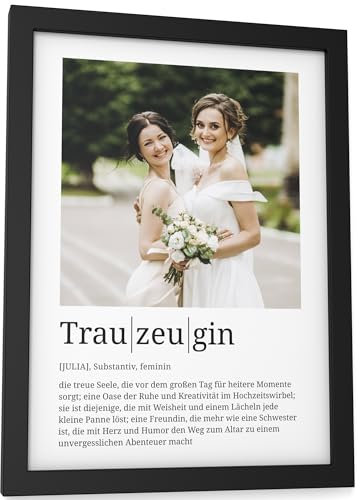 Papierschmiede® Personalisierte Geschenke Trauzeugin, Definition mit Foto in DIN A5 (15x21 cm) Rahmen wählbar fertig gerahmt, Geschenk Persönliches Bild Hochzeit Trauzeugen Bridesmaid Maid of Honor