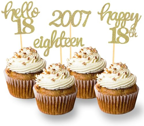 24 Pcs Glitter 18th Birthday Cupcake Toppers for Celebrating 18th Birthday Party Decorations for Eighteen Years Old Birthday Party Supplies (Gold)