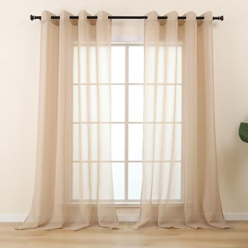 L.Z.E Vorhang Beige für Wohnzimmer Fenter, Transparente Gardine mit Ösen Kurz, Sand Gardinen Vorhänge für Schlafzimmer Küche, 2er Set Leinenoptik Gardinenschals Durchsichtig Modern 145 cm