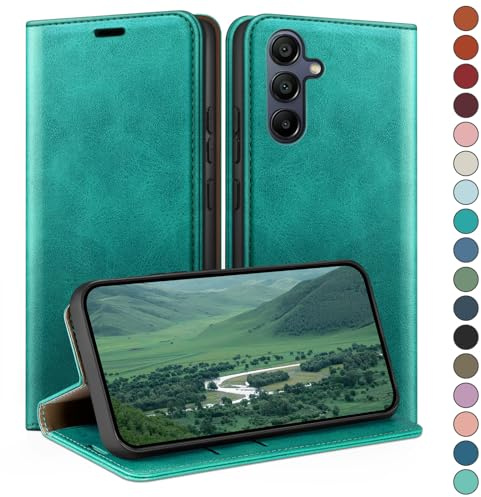 HUOUH für Samsung Galaxy A15 5G Hülle mit RFID Schutzhülle aus Lederhülle Handyhülle,360 Grad Schutz Case,Kartenfach Leder ständer Handy hülle für Samsung A15 Klapphülle Wallet Cover Blaugrün