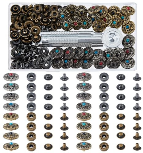 DICOSMETIC 32 Conjunto de botones a presión cuero vintage 16 estilos botones presión latón aleación botones presión remaches con herramientas de instalación para pantalones vaqueros pulseras bolsas