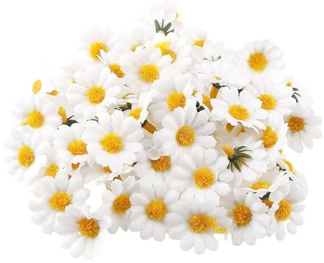 JOYOLA 100 Stücke Kunstblumen, Weiß Seide Gänseblümchen Blütenköpfe Daisy Sonnenblumen Blumenköpfe Mini Gänseblümchen Blume KöPfe Dekorative Gänseblümchen Deko für Hochzeit, Party, Heimwerken, Kranz