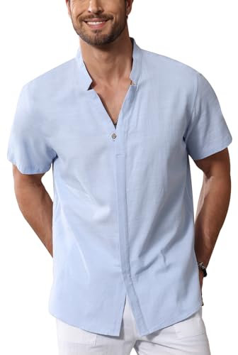 Mens Cotton Linen Henley Shirt Short Sleeve Band Collar Button Down Shirt Summer Beach Tops Light Blue L