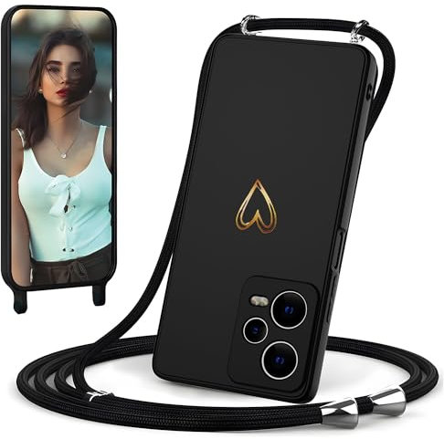 IBETEK Hülle für Xiaomi Redmi Note 12 Pro 5G mit Band, Handyhüllekette Necklace, Herz Muster Silikon Necklace Handyhülle mit Abnehmbar Kordel zum Umhängen Stossfest Bumper Handy, Schwarz