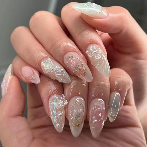 MouyouGlow Press on Nails Kurz,Almond Nude Rosa 3D Bow Schleife Floral Perle Schmetterling Fairy Y2K Coquette Fake Nails mit Nagelkleber,Pink Flower Sommer INS Künstliche Fingernägel
