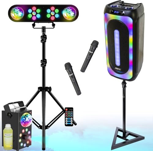 MOOVING LIGHT & SOUND - Pack Enceinte USB Bluetooth sur Batterie 1000W MS-MAGIC-SOUND1000 sur Pied - Portique DJ Lumière 2 PARS LED 2 Astros RGB Machine Fumée