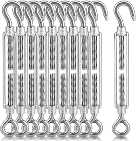 AKOLAFE 10 Pcs Turnbuckle M8 Stainless Steel Turnbuckle Wire Tensioner Heavy Duty Hook and Eye Turnbuckle Adjustable Wire Rope Tension Garden Wire Tensioner Kit for Garden, Fence