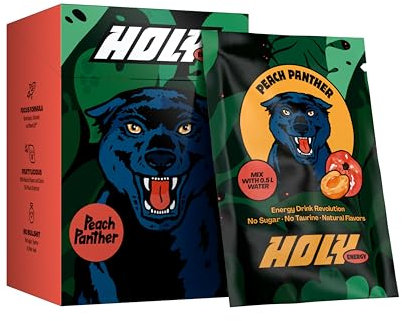 HOLY Energy Gaming Booster 10er Probier-Box 'Peach Panther' mit Pfirsich Geschmack Pulver | 10 Portionen mit NewCaff & Grüntee Extrakt | Focus Drink | Vegan mit 100% natürlichen Fruchtaromen
