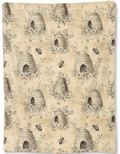 ainori Vintage-Bienendecke: Retro-Bienenstock, Sepia-Töne, Fleece-Überwurf, Geschenke für Kinder, Mädchen, Frauen, weich und warm, leicht, für rustikale moderne Dekoration, Naturliebhaber und