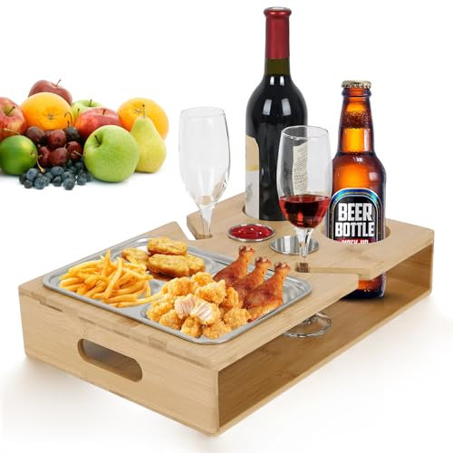 LeuKoles Couch Bar, Wooden Couch Organiser with Stainless Steel Snack Bowls, Carrier for Drinks, Snacks and Wine Glasses, Sofa Butler for Living Room, Picnic, Party
