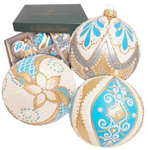 Krebs Glas Lauscha - Weihnachtsdekoration/Christbaumschmuck aus Glas - Kugel Barock - Farbe: Weiß/Blau/Gold Satin - Menge: 6 Stück - Größe: ca. 8 cm