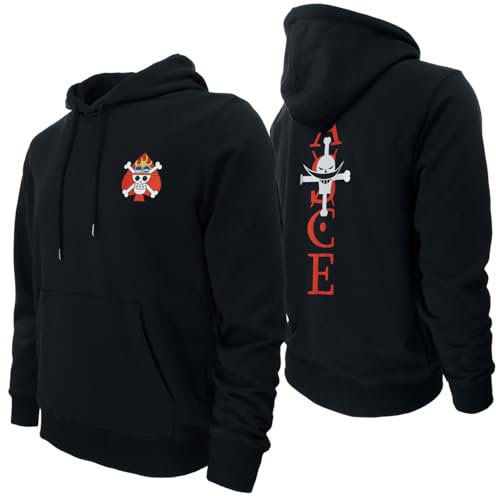 GMYG Japanese One Ruffy Piece Whitebeard Pirates Portgas D Ace Logo Monkey Luffy Hoodie Pullover Japanese Anime Graphic Premium Cotton Men Sweatshirts Jumper(Black Ace,XL)