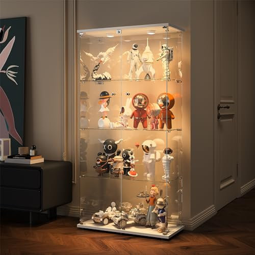 FOERPL Vitrine, LED-Vitrine, Glasvitrine für Kollektion mit 2 Türen, Vitrine aus Glas, 4 Ebenen, Schrank Vitrine mit Schloss, Vitrine, Möbel für Wohnzimmer, Bar (Rückwand Spiegel + Licht, weiß)