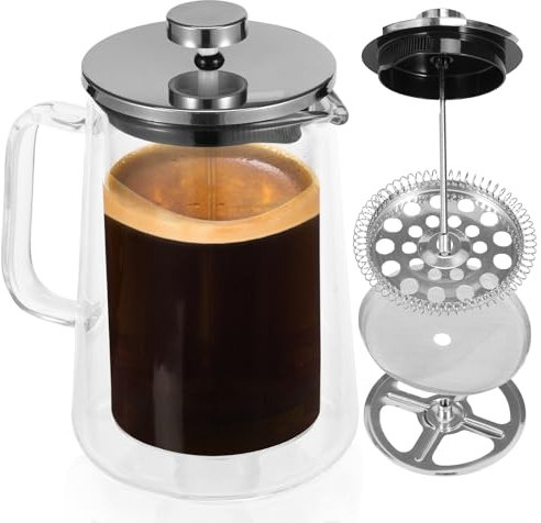 Sutowe French Press Kaffeebereiter, doppelwandig, Glas, mit Kolben, transparenter Filter, Kaffeepresse, Teebereiter für Zuhause (1000 ml)