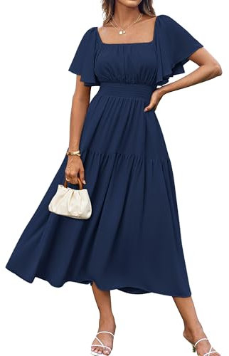 GRACE KARIN Ladies Elegant Summer Chiffon Dresses Square Neck Short Sleeve Flowy A Line Ocassion Dress Navy XL