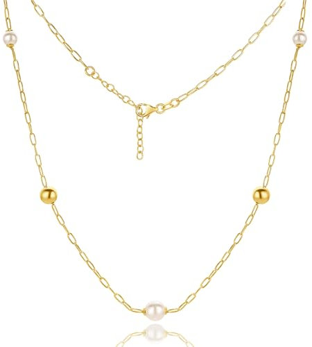 MIORE Schmuck Handgefertigt in Italien, HalsKette Damen Silber 925, Vergoldet 18K Golde Kette, Perlenkette, Kette Damen, Paperclip Kette mit Perlen, Gliederkette Silber, Silberkette Damen