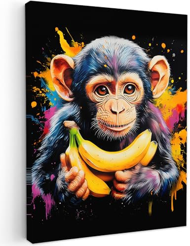 MuchoWow© Impression sur Toile Photo Peinture 30x40 cm Tableau Decoration Murale Chambre Salon Maison Deco Cuisine Singe - Graffiti - Coloré - Bananes - Moderne