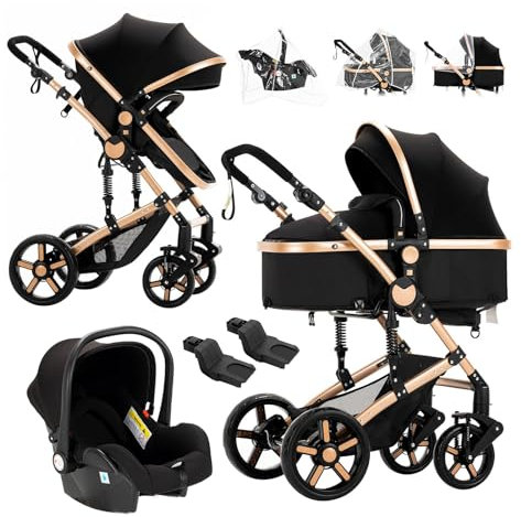 Reenborn Kinderwagen 3 in 1, Buggy mit Zwei Umkehrbaren Schiebemodi, Kinderwagen mit Rahmen Aluminiumlegierung, Kinderwagen 3 in 1 Komplettset mit Ein-Klick-Faltdesign Hohe Landschaft (588 Black Gold)