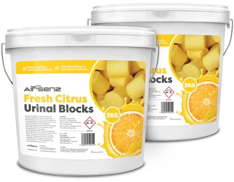 Airsenz Urinal Blocks 3KG x 2 - Fresh Citrus Fragrance - Eliminates Odours and Prevents Blockages- Slow Dissolving - Suitable for Urinal or Trough Use (Yellow)