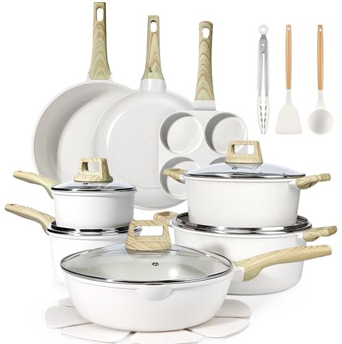 GiPP 22 Piece Ceramic Pots and Pans Set Non Stick - Nonstick Cookware Set, Non-Toxic Healthy Kitchen Cooking Set w/Frying Pans Set, Dishwasher Safe, PFAS PTFE PFOA PFOS Free (White, 22 Pcs)
