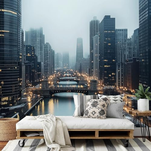 Fototapete 3d Effekt - Chicago RiverTapeten Wandekoration Urbane Architektur Wandtapete Bildtapete für Wohnzimmer Schlafzimmer Büro Flur tapete Wand Dekoration400x280cm