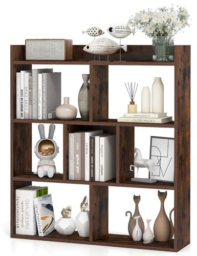 HOMASIS Bücherregal mit 7 Würfeln, Würfelregal mit offenen Fächern & Ablagen, Standregal aus Holz, Aufbewahrungsregal mit Kippschutz, Raumteiler für Wohnzimmer Arbeitszimmer Büro, 80x20x90cm (Braun)