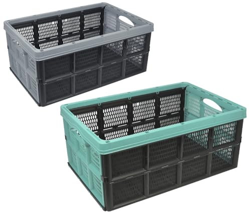 com-four® 2x Klappbox 32l - Transportbox mit Griffen - Stabile Aufbewahrungsbox - Einkaufskorb zusammenklappbar[Auswahl variiert] (50.5x33x22cm - 02 Stück - Mix)