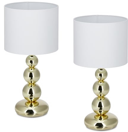 Relaxdays Tischlampe, 2er Set, Metallfuß & Stoffschirm, E27, HxD: 50 x 25 cm, Nachttischlampe Schlafzimmer, weiß/Gold